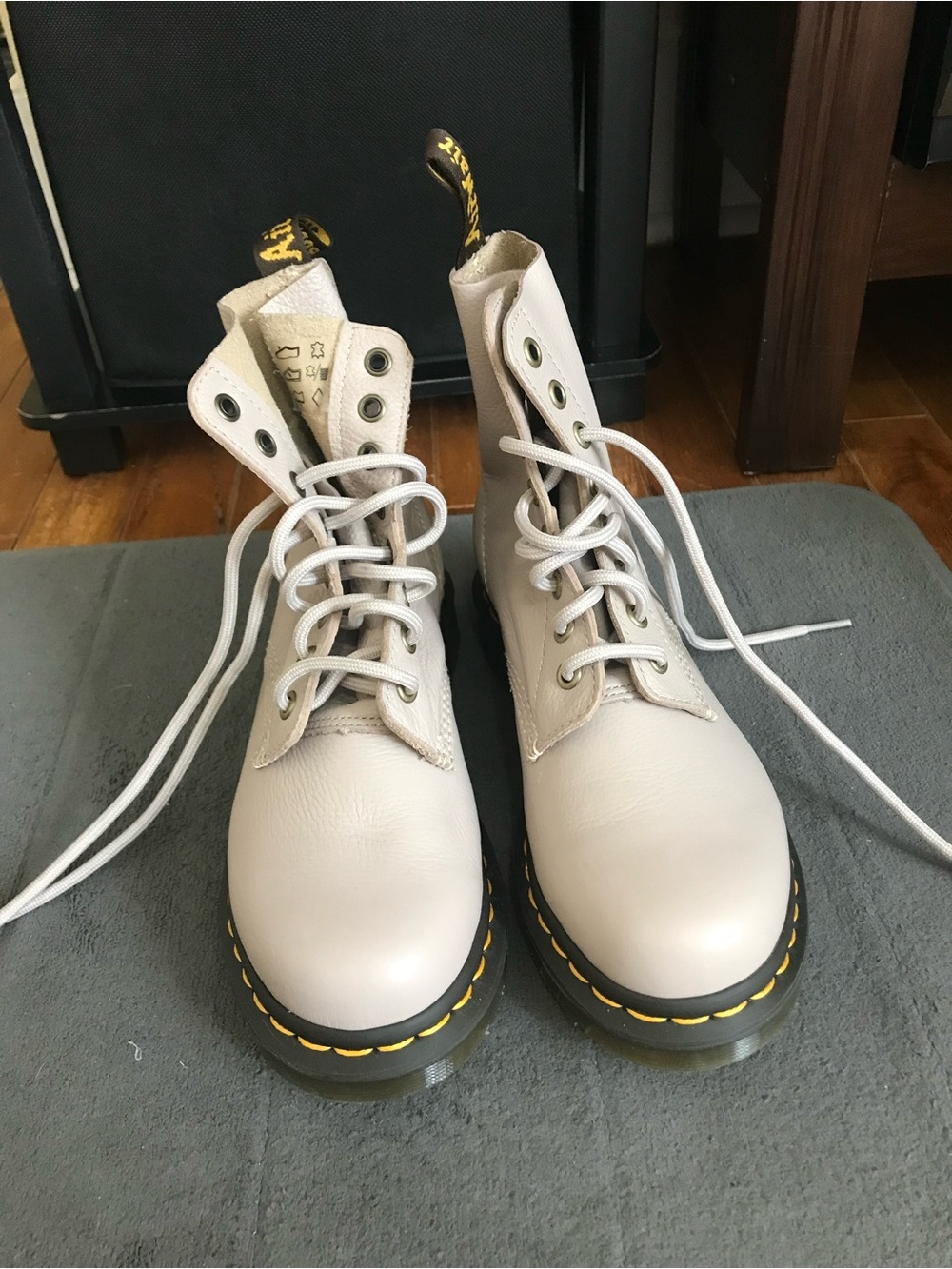 Dr. Martens Women's Cream Lace-Up Leather Boots with Yellow Stitching